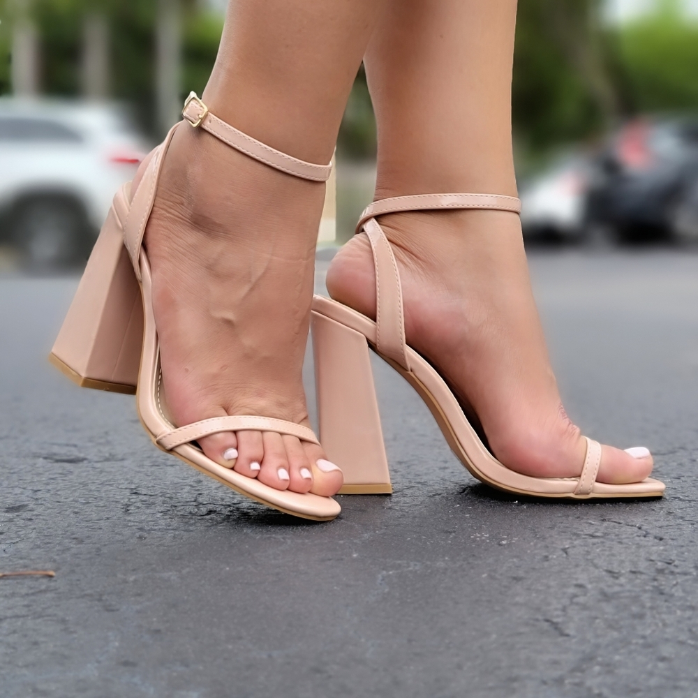 Nude Strappy Heel Chunky Block Sandals